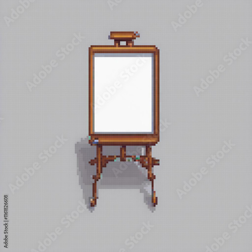 Pixel art of a classic easel with a pristine canvas ready for artistic creation.