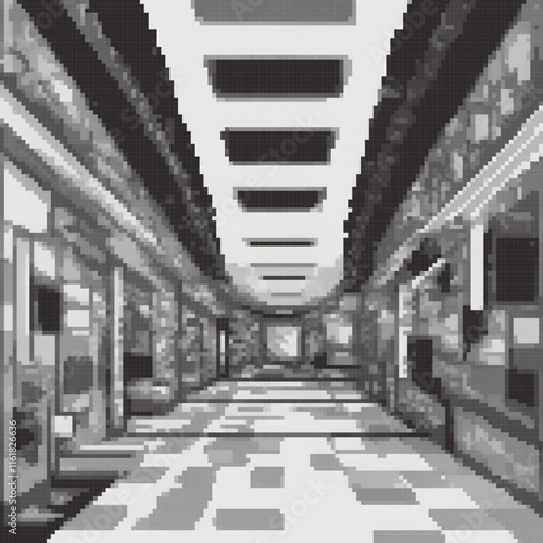 Pixel art hallway photo, black and white, classic style.
