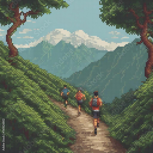 Pixel art depicting a scenic mountain path with hikers photo