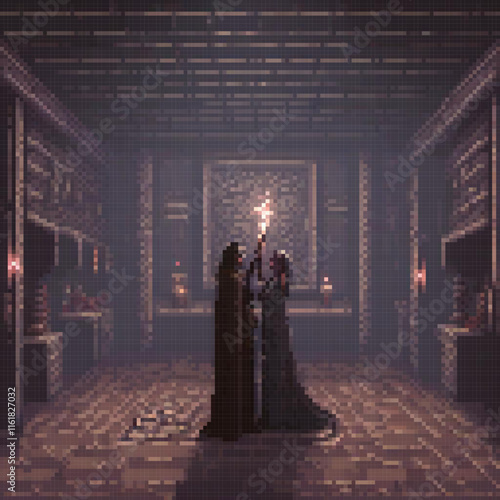 Pixel art of a couple in a dimly lit room