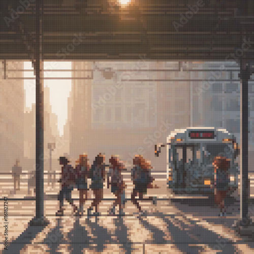 Pixel art depicting a lively group crossing a bustling street beside a bus.