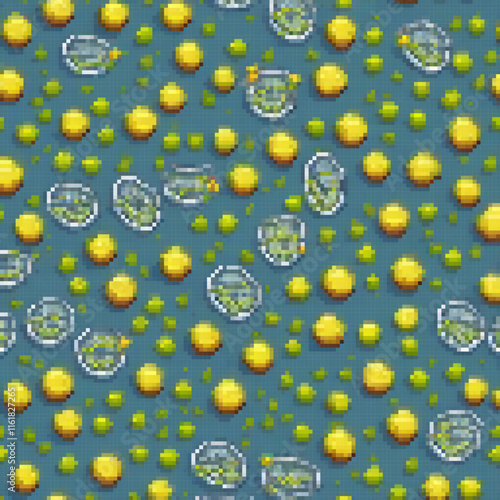 Vibrant pixel art featuring yellow and green spheres against a blue backdrop.