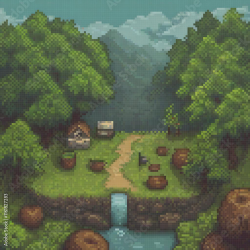 Pixel art village nestled in a lush forest, capturing the charm of a quaint, serene setting.