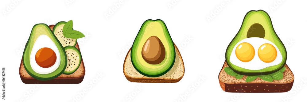 Delicious avocado toast illustrations featuring fresh ingredients and eggs Delicious avocado toast illustrations featuring fresh ingredients and eggs