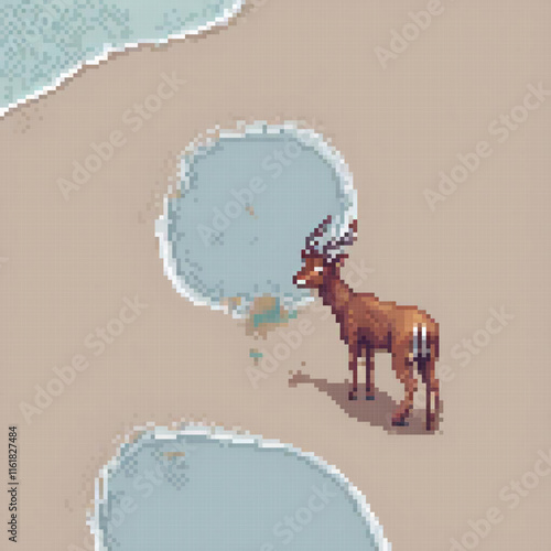 Pixel art deer in a vast desert landscape