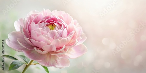 Fototapeta Naklejka Na Ścianę i Meble -  A delicate pink peony flower blooms against a soft white background with gentle texture and subtle shading, its lush petals unfolding like a romantic dream, blooming, flower power