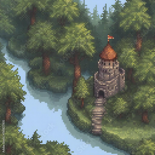 Pixel art depicting a medieval castle amidst a lush forest by a serene river.