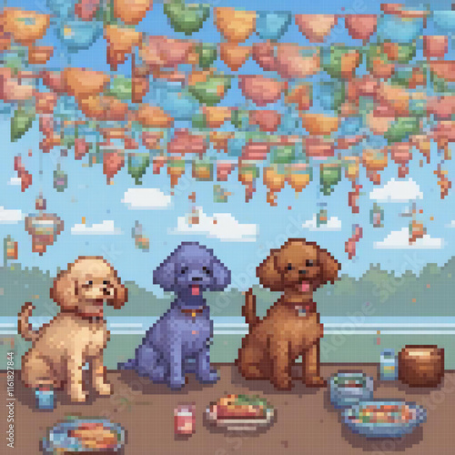 Pixel art of playful dogs enjoying a sunny beach day