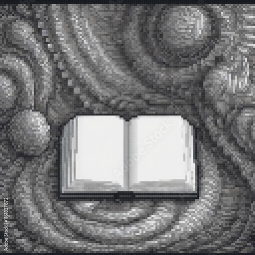 Pixel art of an open book in monochrome