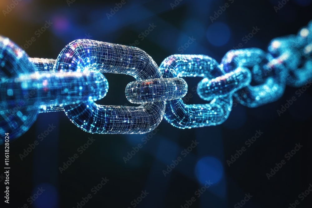 A vibrant digital chain link made of glowing particles represents blockchain technology. The link shines in a dark background, illustrating modern connectivity and security. A vibrant digital chain link made of glowing particles represents blockchain technology. The link shines in a dark background, illustrating modern connectivity and security.