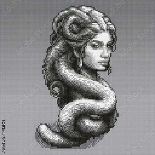 Black and white pixel art of a woman with a snake necklace.