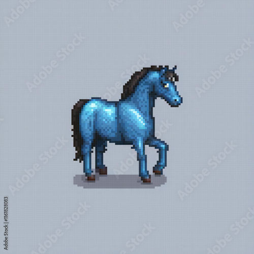 Blue horse on gray background, pixel art style.