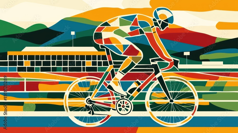 Fototapeta premium Cyclist riding road bike on track, stylized graphic illustration.