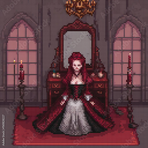 Red-dressed queen in pixel art, seated on a throne, gazing at her reflection.