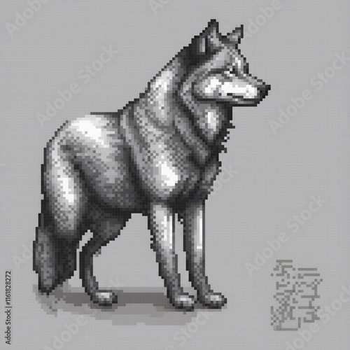 Pixel art wolf portrait with a gray backdrop