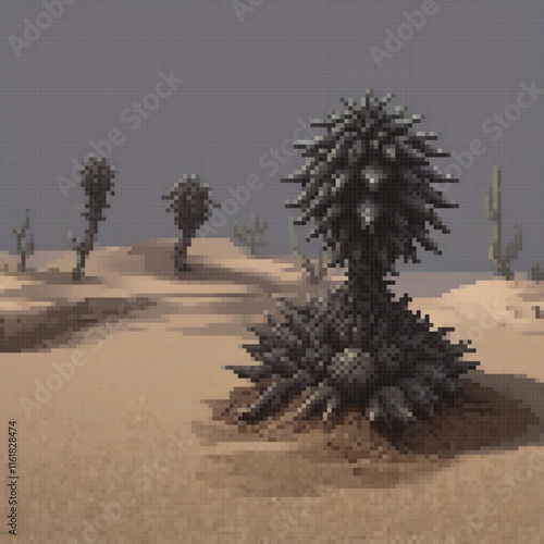 Pixel art desert with a central cactus