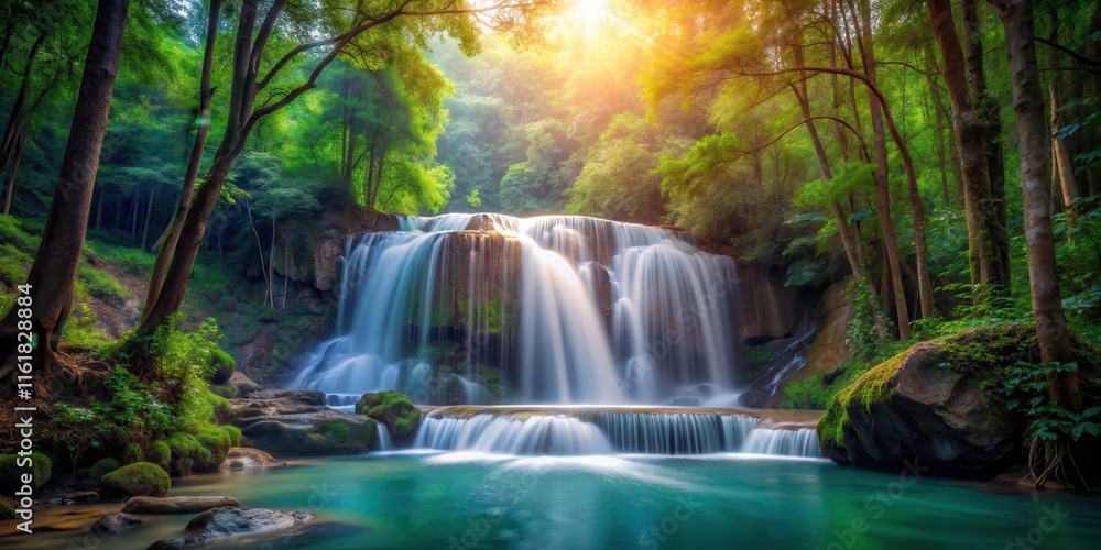 Obraz premium waterfall in deep forest at dawn, trees, waterfall, trees, waterfall, isolated, landscape, river, green, serene, calm, nature