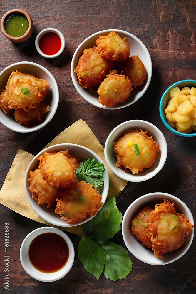 A vibrant 3D-rendered bowl of assorted Indonesian fritters (gorengan), including bakwan and pisang goreng, with texture details. A vibrant 3D-rendered bowl of assorted Indonesian fritters (gorengan), including bakwan and pisang goreng, with texture details.
