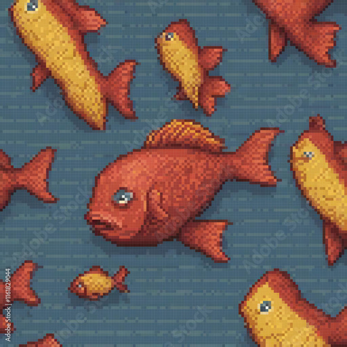 Handcrafted pixel art cross stitch goldfish on a serene blue backdrop.