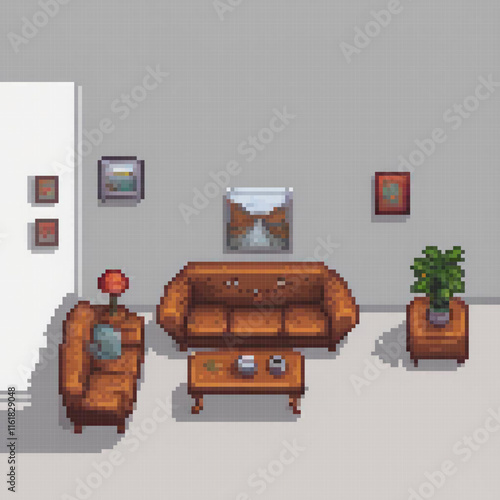 Pixel art of a cozy living room with a couch, coffee table, and wall art.