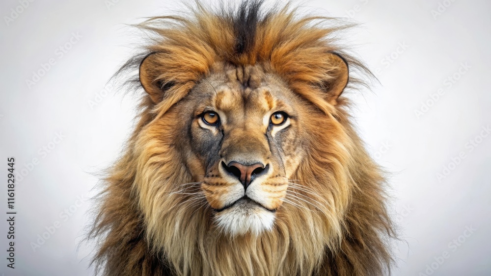 A majestic African lion's head with a long mane and piercing eyes, set against a seamless white background, showcasing its powerful features, texture, animal portrait A majestic African lion's head with a long mane and piercing eyes, set against a seamless white background, showcasing its powerful features, texture, animal portrait