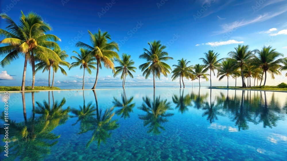 Serene blue pool water reflecting a clear sky with palm trees swaying gently in the breeze , water, blue Serene blue pool water reflecting a clear sky with palm trees swaying gently in the breeze , water, blue