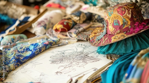 A cluttered designer's work table showcasing fabrics, a hat, and a design sketch.