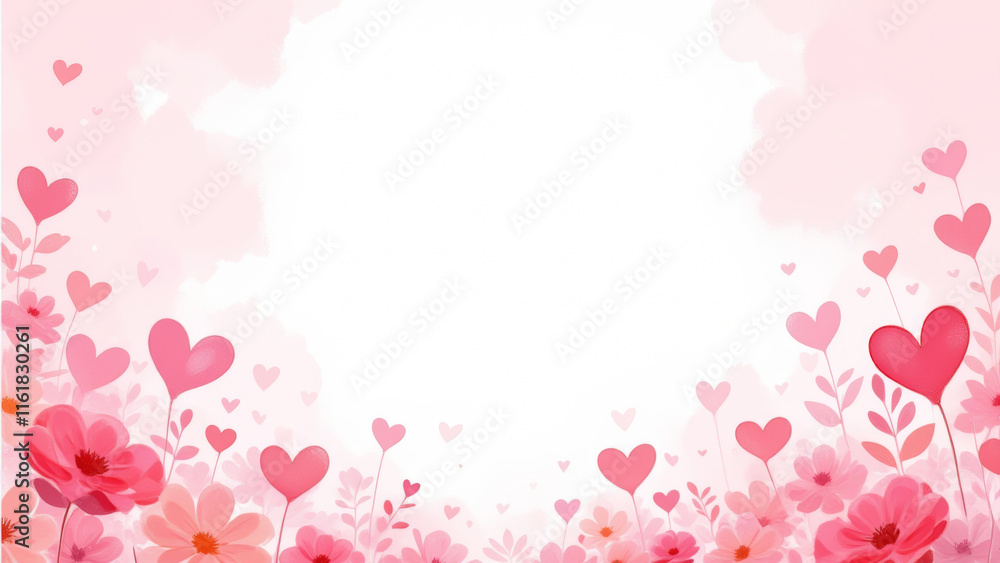 Illustration of a love background flatlay with pink flowers and hearts, creating a sweet and cheerful scene. Illustration of a love background flatlay with pink flowers and hearts, creating a sweet and cheerful scene.