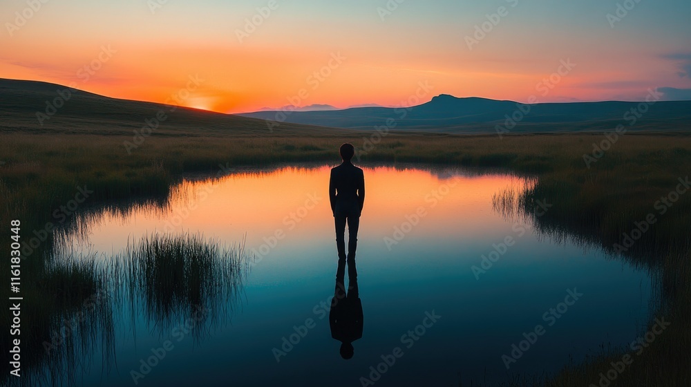 Fototapeta premium Solitary figure silhouetted against a vibrant sunset reflected in a still pond.