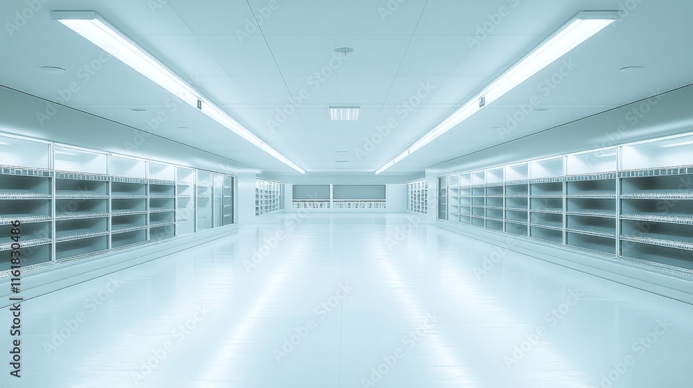 Bright and Modern Empty Supermarket Aisle with White Shelving Units Bright and Modern Empty Supermarket Aisle with White Shelving Units