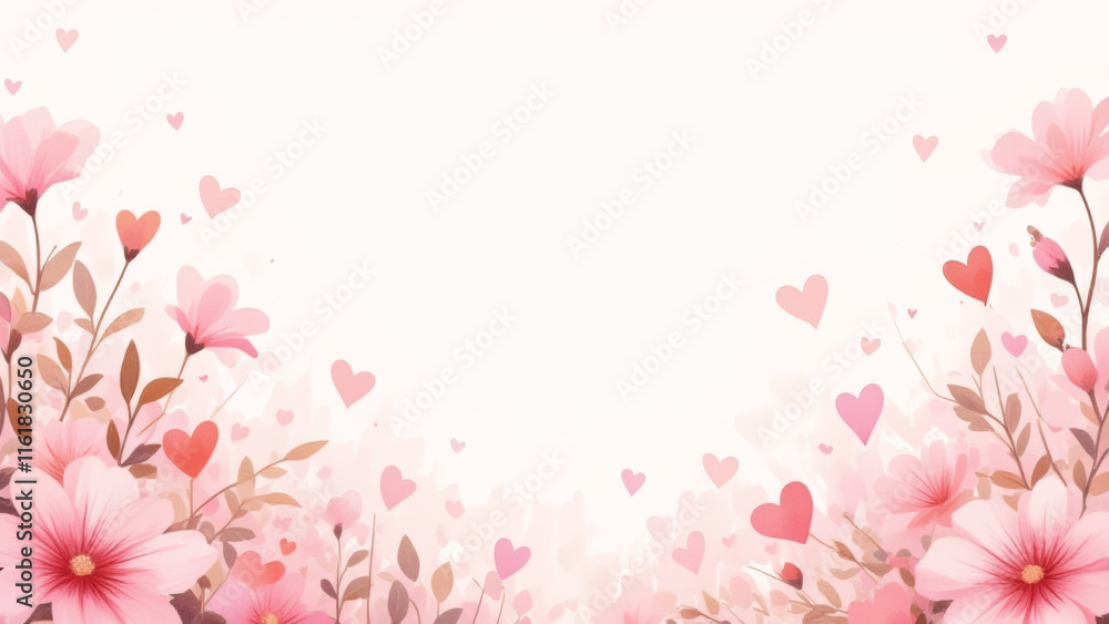 Fototapeta premium Illustration of a hand-drawn love cute background with pink flowers and delicate romantic touches.