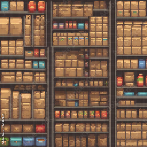 Pixel art depicting a spacious room with numerous boxes.