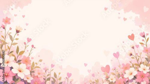 Illustration of a kawaii love background with pastel tones, sweet details, and delicate flowers.