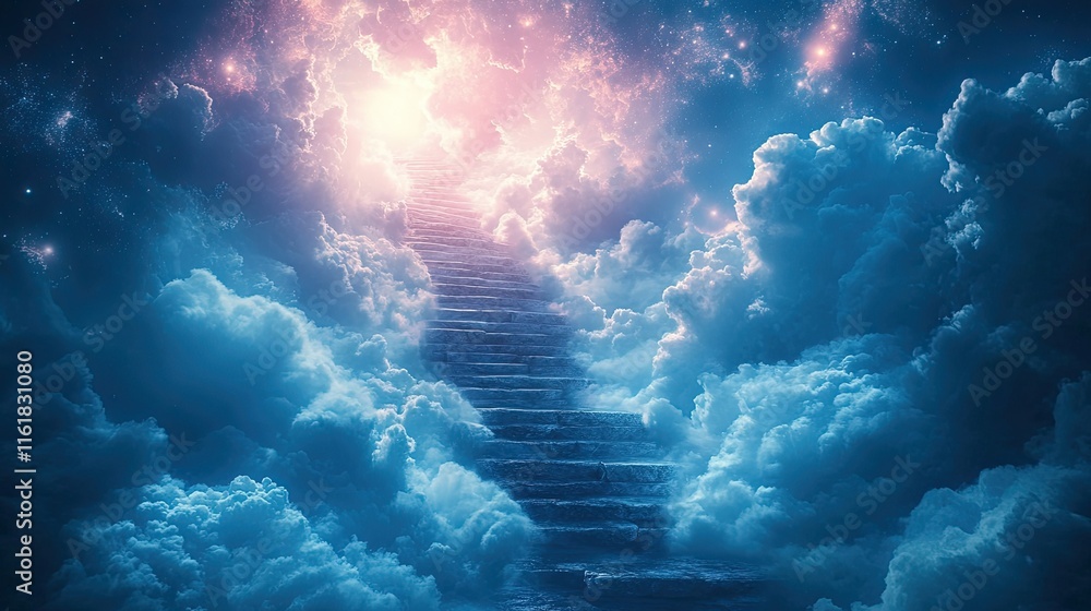 Obraz premium Stone staircase ascending through luminous clouds and stars towards a bright light.