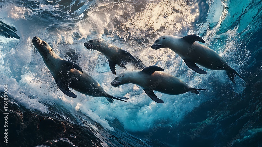 Fototapeta premium Ocean's Grace: Four Sea Lions Dance in the Waves
