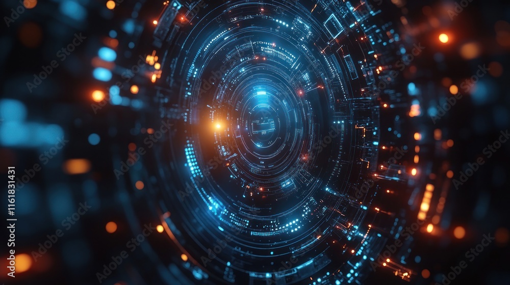 Futuristic glowing circular tunnel with digital technology elements. Futuristic glowing circular tunnel with digital technology elements.