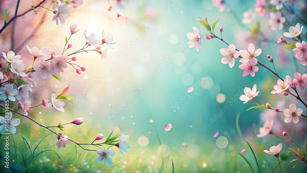 Soft pastel hues and delicate brushstrokes create a serene abstract spring background with blooming flowers amidst gentle greenery , nature, pastel Soft pastel hues and delicate brushstrokes create a serene abstract spring background with blooming flowers amidst gentle greenery , nature, pastel