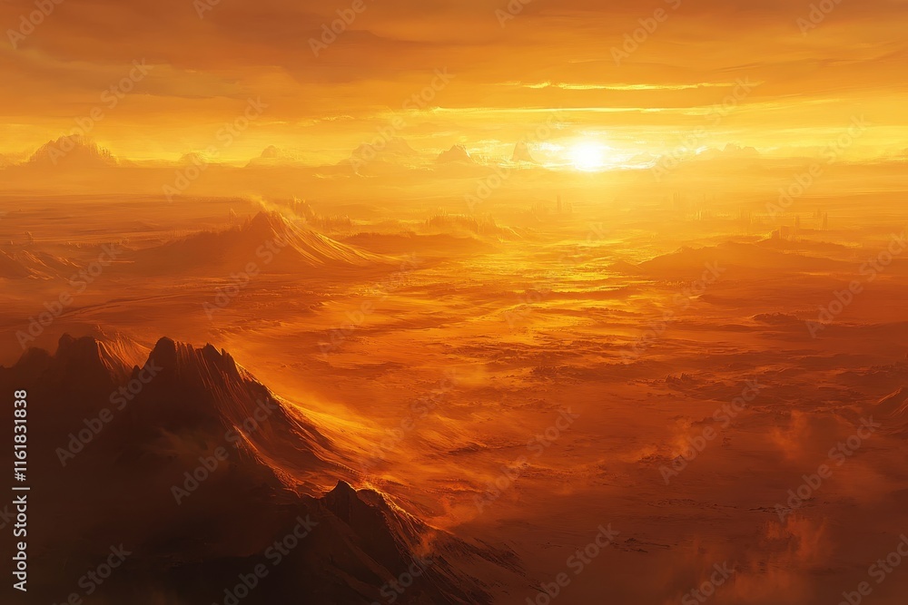 Naklejka premium A breathtaking sunset casts vibrant orange and yellow light over an expansive desert terrain, highlighting the contours of distant mountains and valleys under a dramatic sky.
