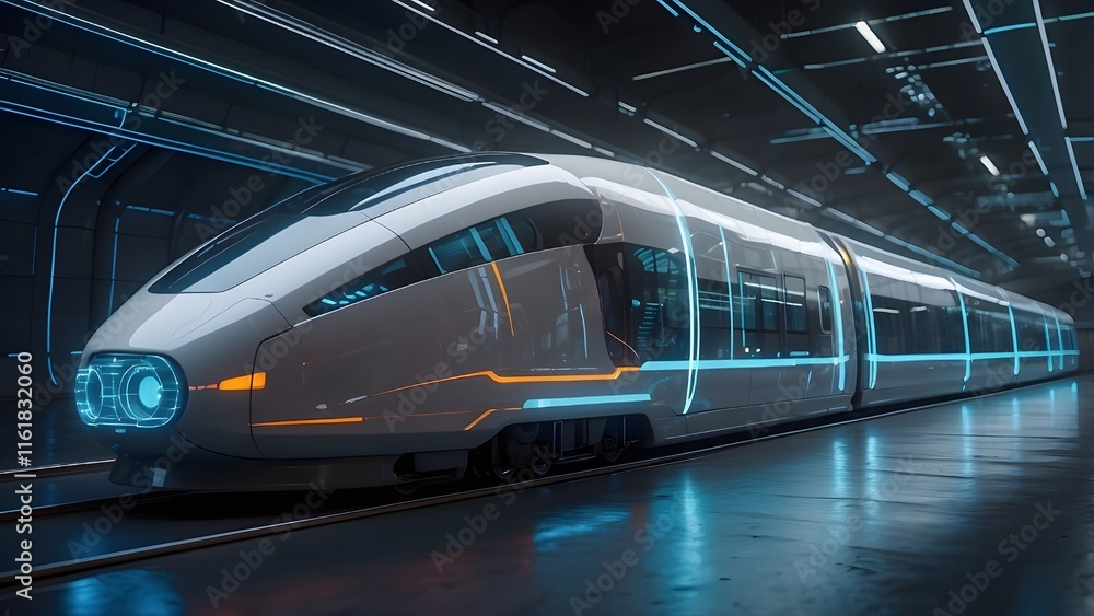 Fototapeta premium Futuristic Electric Train with Glowing Lines Representing Big Data and Advanced Technology. 