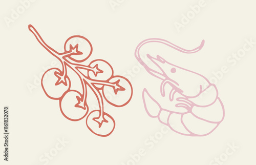 Minimalist vector illustration of cherry tomatoes on a vine and a shrimp in line art style. Ideal for seafood and vegetable-themed culinary projects