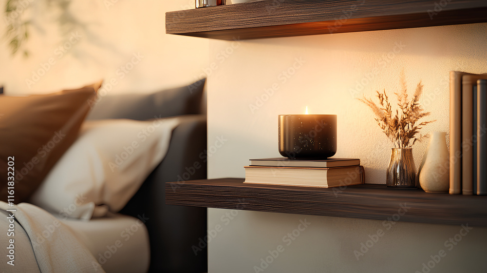Dark Wooden Shelf with Ceramic Candle and Books in Cozy Sepia-Toned Bedroom
Dark Wooden Shelf with Ceramic Candle and Books in Cozy Sepia-Toned Bedroom