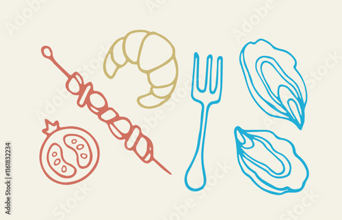 Minimalist vector illustration featuring a shrimp, skewered food, oysters, a tomato slice, and a fork in line art style. Perfect for seafood and culinary design projects