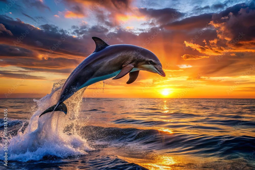 Fototapeta premium playful dolphin leaps from ocean at sunset, creating stunning scene
