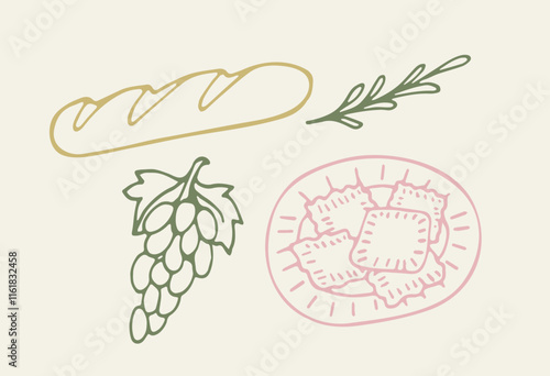 Minimalist vector illustration featuring a baguette, grape bunch, ravioli on a plate, and a sprig of herbs in line art style. Perfect for culinary and gourmet designs