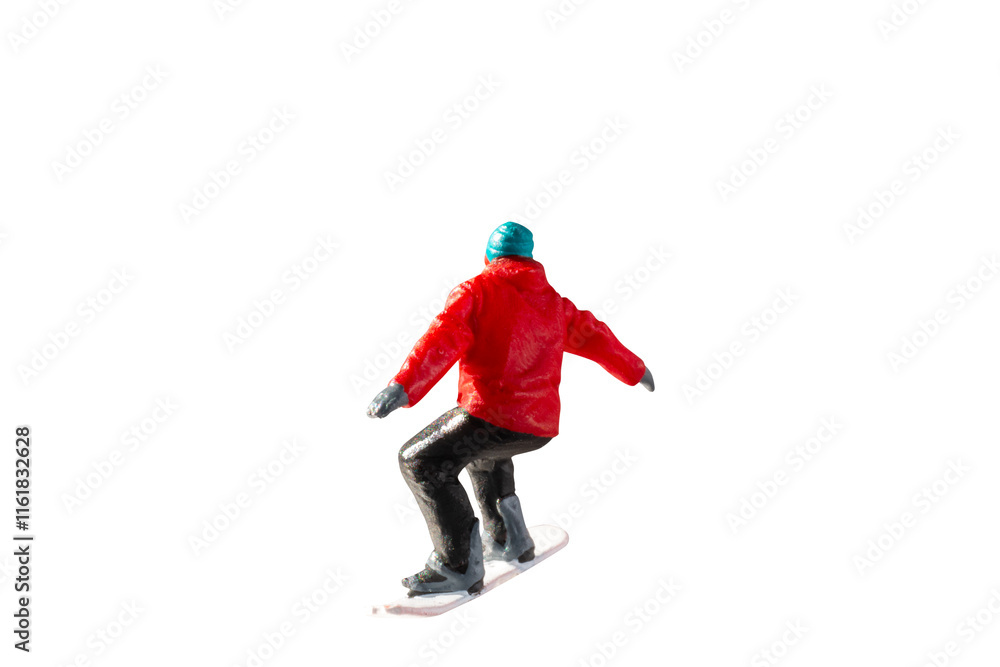 Miniature figurine depicting a snowboarder in mid-motion isolate on white background with clipping path Miniature figurine depicting a snowboarder in mid-motion isolate on white background with clipping path
