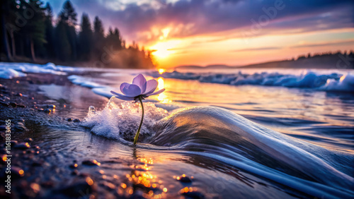 serene flower on beach at sunset, waves gently crashing nearby