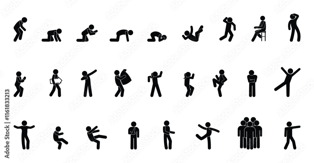 set of man icons, various poses and movements, silhouette figure stick, human pictograph
set of man icons, various poses and movements, silhouette figure stick, human pictograph