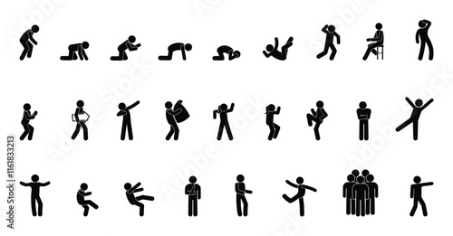 set of man icons, various poses and movements, silhouette figure stick, human pictograph	
