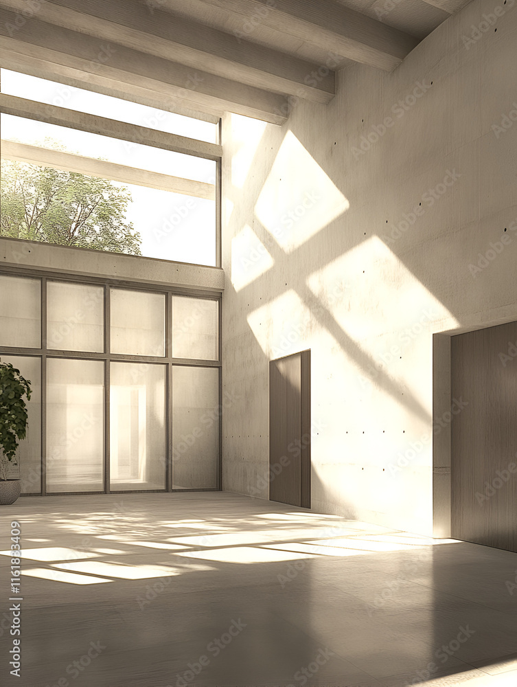 Obraz premium A modern interior space featuring large windows, natural light, and minimalistic design elements, creating a serene and open atmosphere.