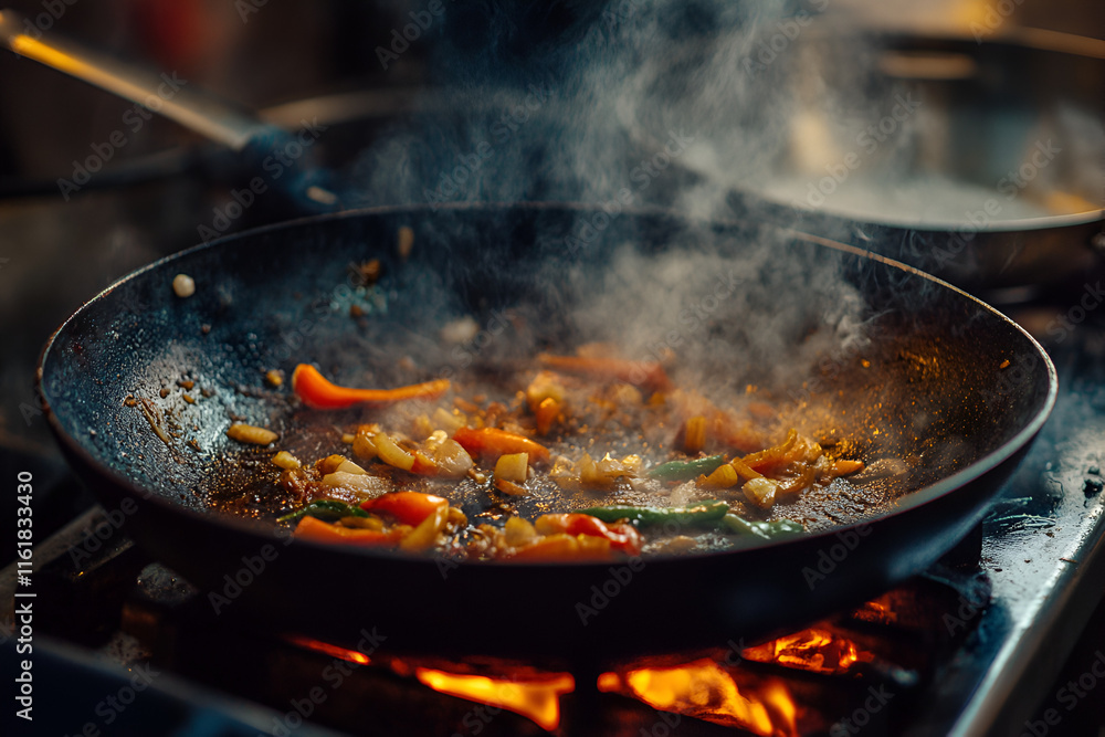 A sizzling pan with colorful vegetables cooking, releasing steam and showcasing a vibrant kitchen scene. A sizzling pan with colorful vegetables cooking, releasing steam and showcasing a vibrant kitchen scene.